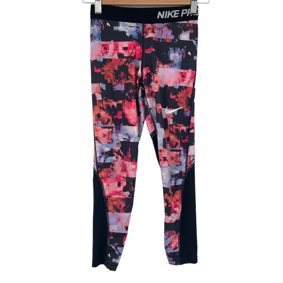 Nike Pro Girls Floral Print Compression Tights Hyper Crimson Size Medium - Picture 1 of 11